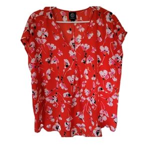 Bateau Pretty Red with Flowers Blouse Medium V Neck